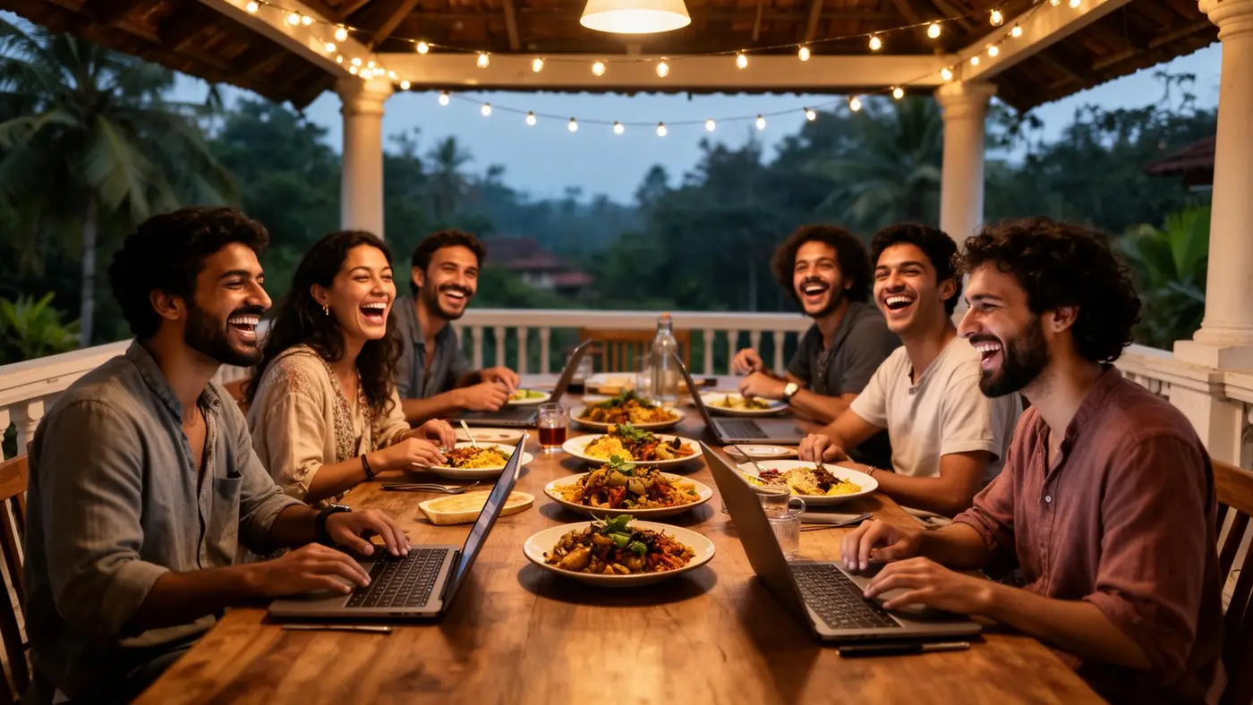A group of travellers sharing a long-table dinner on a Kerala verandah