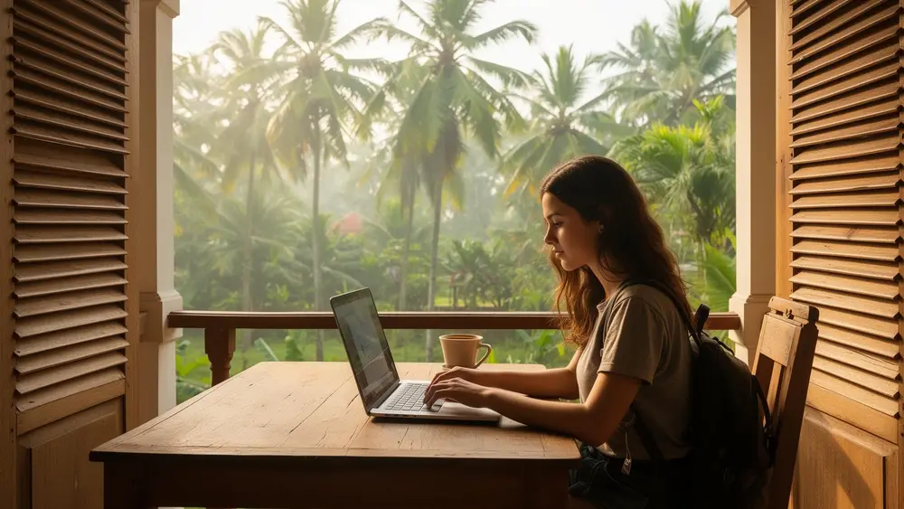 A traveller working on a laptop at a verandah desk overlooking palm trees